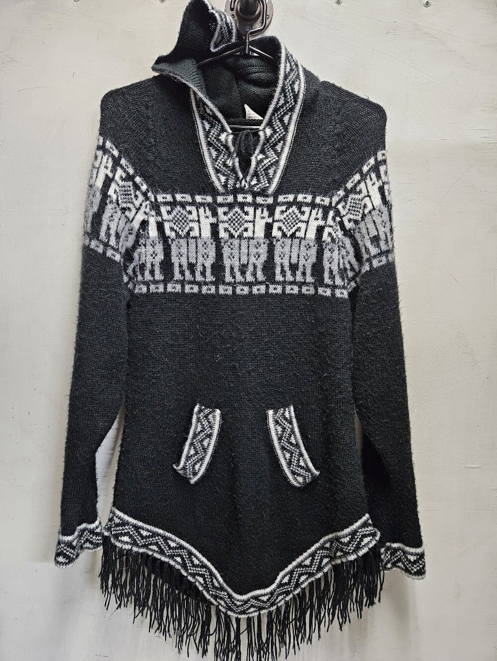 Handmade Peruvian Alpaca Wool Knit Hooded Sweater Llama Aztec Sun Design Peru